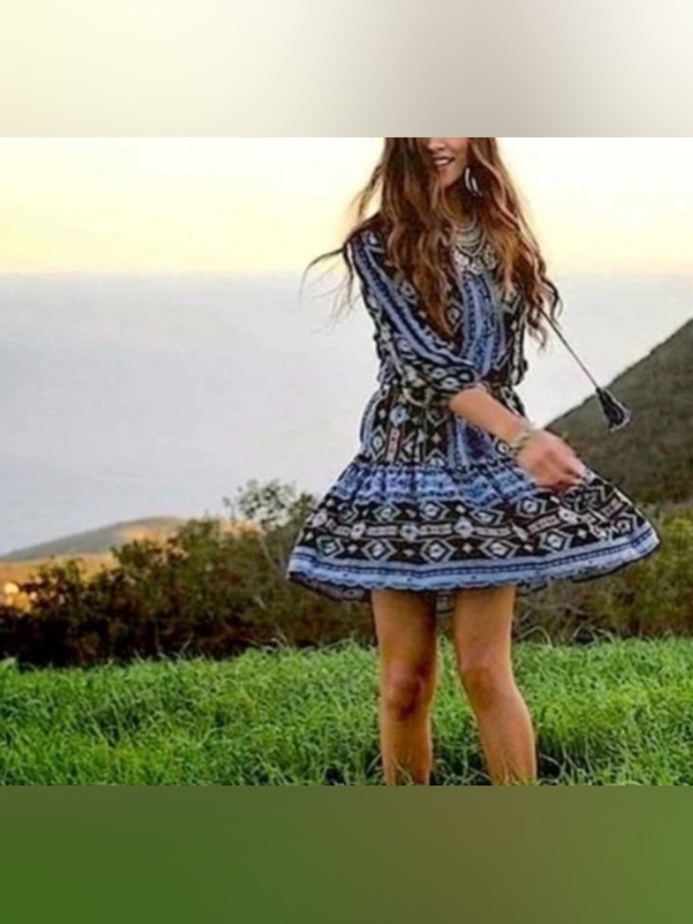 Anthropologie Holding Horses Winter Moon Blue Aztec Print Tunic Peasant Dress XS